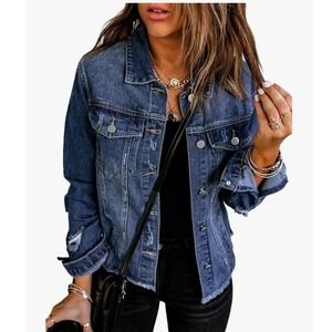 NWOT EVALESS Women's XL Distressed Washed Crop Denim Jean Jacket Coat VERY NICE
